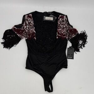 Nasty Gal bodysuit beaded with fringe size Black and Burgundy Sequin Top NWT
